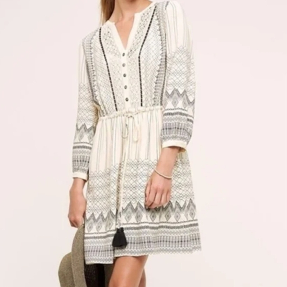 Anthropologie Black and Cream Buttoned Tie Front Sundress